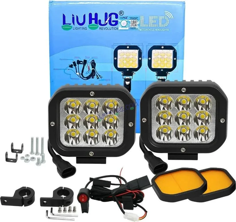 HJG Original 70W CREE 9 LED Dual Color Yellow/White LED Fog Lights with harness Yellow Filter Cap for Bikes, Cars, Jeeps